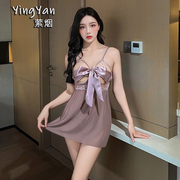 Lace Sensual Sleepwear Set - Sexy Underwire Push-Up Lounge Set for Small Bust Women - 0803 [Breast Support] Light Purple Butterfly Nightgown + Panties (No Socks)