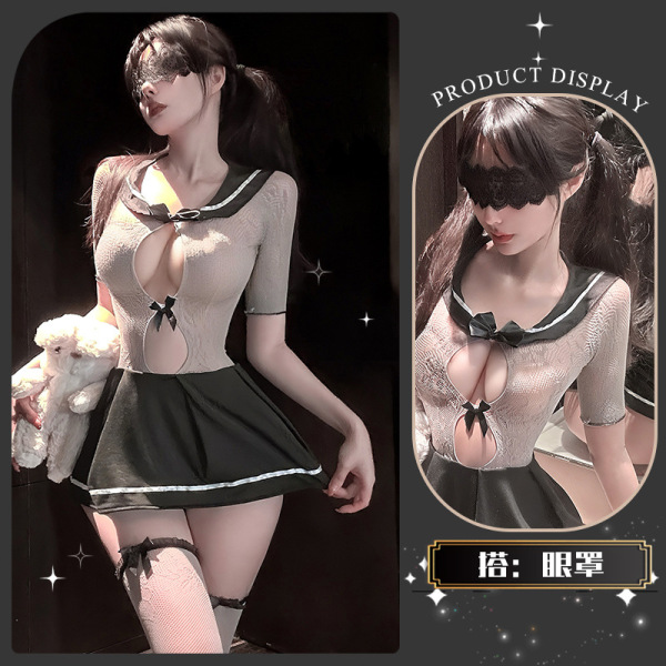 JinXiao JK Sailor Suit Lingerie - Sensual Sheer Mesh Bodysuit for Playful Elegance & Effortless Wear - Mosui Shore Mist ~ [Sailor JK + Matching Socks + Eye Mask]