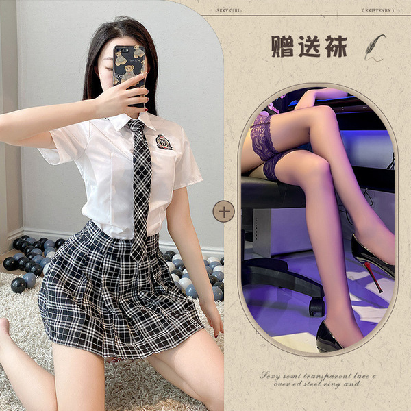 Japanese School Uniform Lingerie Set - Kawaii Pure & Tempting JK Skirt Outfit for Role Play - Top + skirt + tie + black stockings