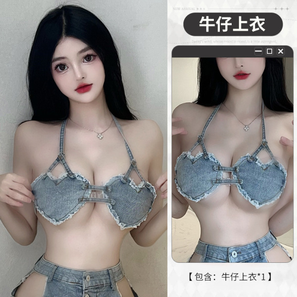 Sexy Lace-Trimmed Denim Short Set - Seductive No-Remove Bedroom Outfit for Women - Jacket