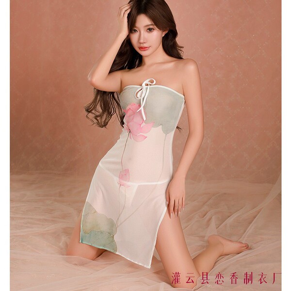 Lianxiang Vintage Lotus Lace Hanfu Sleep Dress - Romantic Sheer Silk-Inspired Lounge & Intimate Wear - Main image set (including T-shirt and pants)