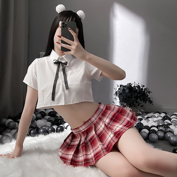 Sexy Student Role Play Outfit - Split-Style Pleated Skirt & Top Set for Small Bust, Flirty Lingerie Costume - Top + red plaid skirt + ribbon