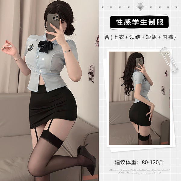 Sexy Female Police Officer Costume - Role Play Uniform for Women, Tight Skirt & Secretary Outfit - Top + skirt + underwear + bow tie + open-crotch socks
