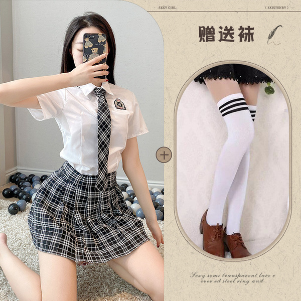 Japanese School Uniform Lingerie Set - Kawaii Pure & Tempting JK Skirt Outfit for Role Play - Top + skirt + tie + white school socks