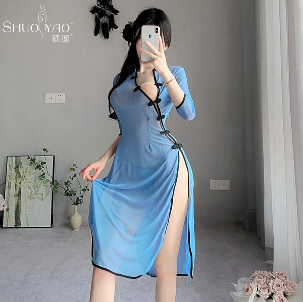 Vintage-inspired sheer mesh qipao dress with elegant buttons, perfect for romantic evening wear.