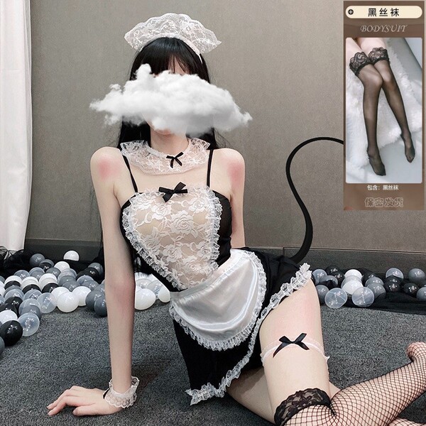 Pure & Seductive Lace Maid Costume - Sheer Sensual Sleepwear for Playful Intimacy - Sheer maid outfit + black stockings