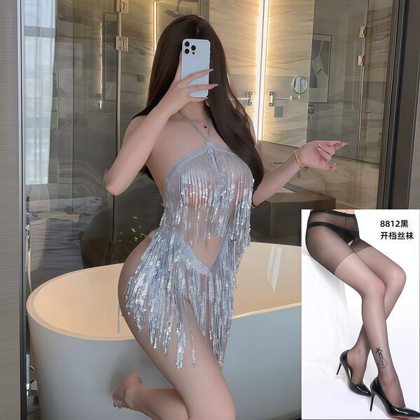 QQNY Pure Allure Sleepwear Set – Elegant Sensual Lingerie for Women, Luxury Bedroom Wear - Silver Latin skirt + black open-crotch stockings