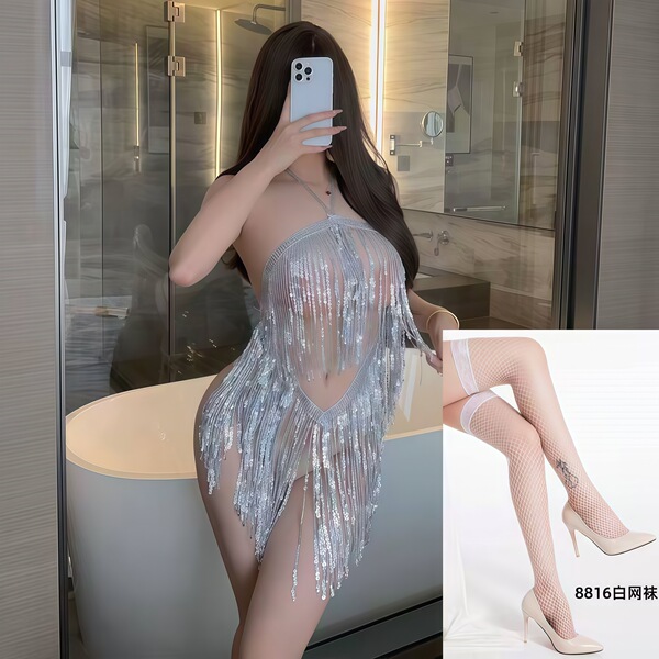QQNY Pure Allure Sleepwear Set – Elegant Sensual Lingerie for Women, Luxury Bedroom Wear - Silver Latin skirt + white fishnet stockings