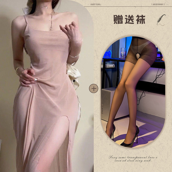 Women's Sexy Lace Mesh Nightgown - Sheer Seductive Slip Dress with Side Slit, Comfortable & Alluring Sleepwear - Nude skin tone + black open-crotch stockings