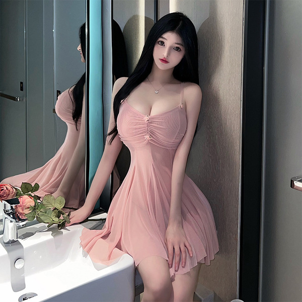 Qingran Women's Seductive Lingerie Set - Busty-Enhancing Lace Sleepwear Dress with Adjustable Straps - Skin tone + white fishnet stockings
