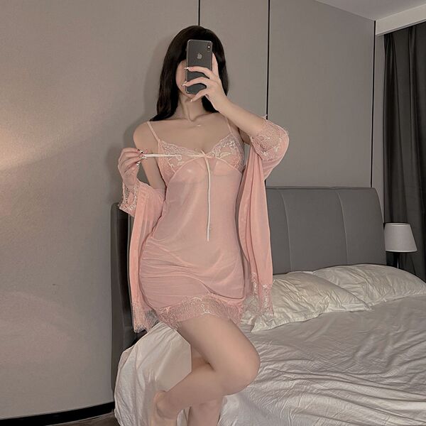 Plus Size Sexy Lingerie Set - Lace Trim Sheer Slip Dress with Robe, 3-Piece Seductive Sleepwear Collection - skin