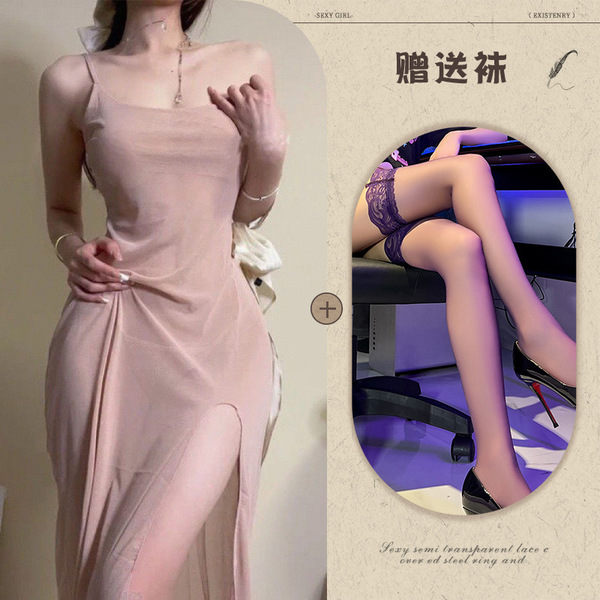 Women's Sexy Lace Mesh Nightgown - Sheer Seductive Slip Dress with Side Slit, Comfortable & Alluring Sleepwear - Skin tone + black stockings