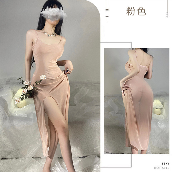 Women's Plus Size Sexy Lace Mesh Long Nightgown - Transparent Seductive Sleep Dress for Intimate Nights - Skin tone + black stockings
