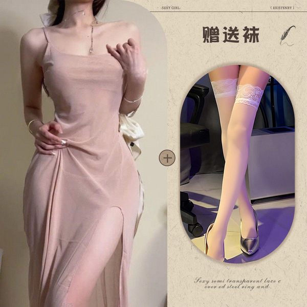 Women's Sexy Lace Mesh Nightgown - Sheer Seductive Slip Dress with Side Slit, Comfortable & Alluring Sleepwear - Skin tone + white stockings