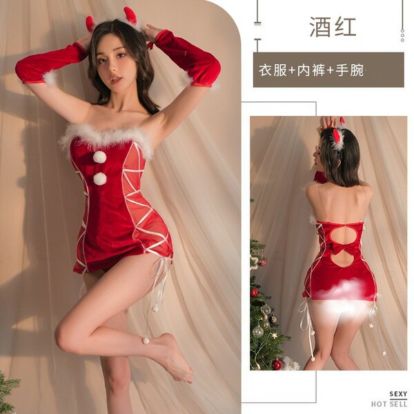 Women's Sexy Christmas Lingerie Set - Halloween Sleep Dress, Role Play Costume & Nightclub Outfit for New Year - 2048 (Nightgown + Arm sleeves + T-shirt)