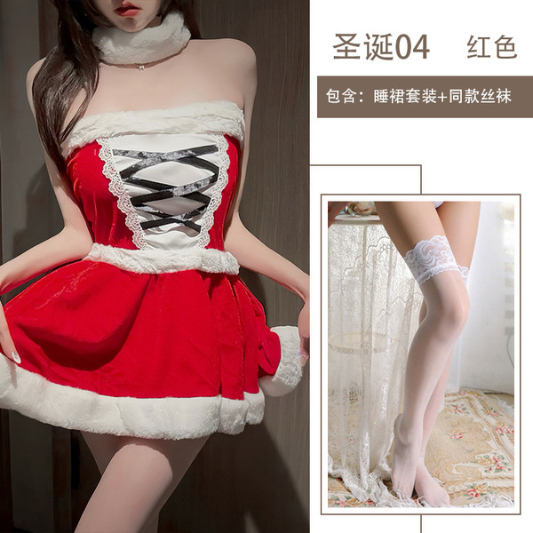 Misty Romance Christmas Lingerie Set - Cute Fuzzy Sexy Slip Dress & Matching Nightwear for Holiday Parties - Nightgown set + white stockings