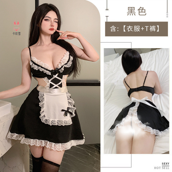 Sexy Maid Costume for Women - Plus Size Role Play Uniform with Lingerie Set, Seductive Bedroom Outfit - Image color (nightgown + thong)