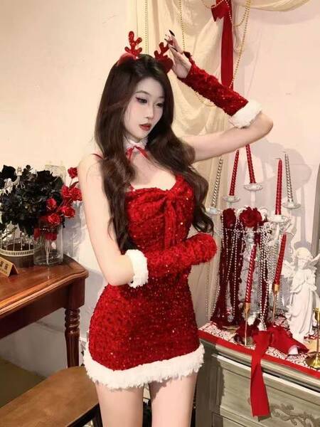 Sexy Christmas Lingerie Dress - Tight Bodycon Holiday Outfit, Naughty & Cute Festive Costume for New Year - Sleeves + Dress + Neck Ring