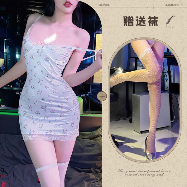 Floral Lace Contrast Sexy Low-Cut Slip Dress - Pure Temptation Satin-Blend Bodycon Sleepwear Set - Slip dress (no bra pads) with white fishnet stockings