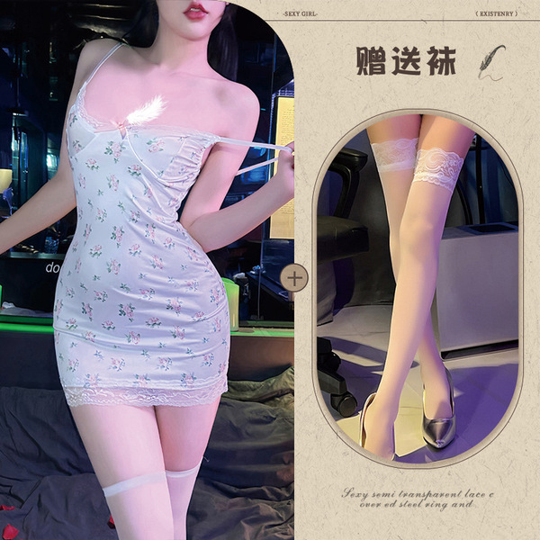 Floral Lace Contrast Sexy Low-Cut Slip Dress - Pure Temptation Satin-Blend Bodycon Sleepwear Set - Slip dress (no bra pads) with white stockings