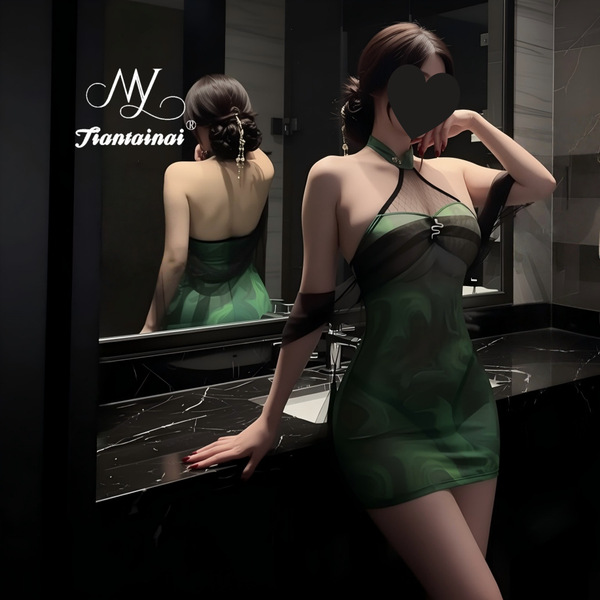 Elegant green snake-style lace cheongsam sleep dress with sheer mesh halter neck design, bodycon fit for women.