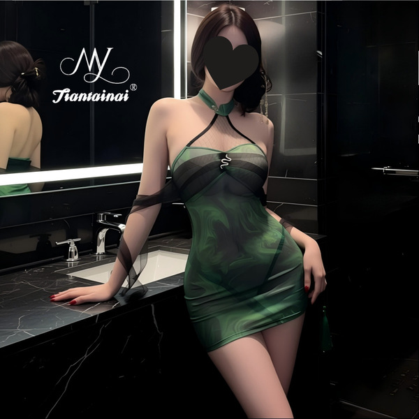Elegant green sheer mesh halter neck bodycon nightgown with snake design, perfect for women seeking stylish and sexy sleepwea...
