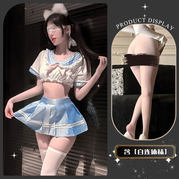 Jin Xiao Pure Sailor-Style Lingerie Set – Flirty Pleated Skirt with Kawaii JK Aesthetic, Sensual & Playful - Soap-covered pleats + white bodysuit stockings