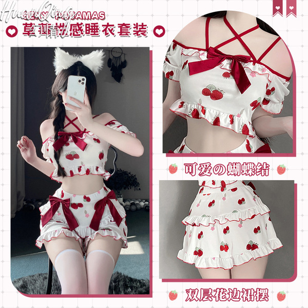 Strawberry print lingerie set - cute cross-strap sleepwear with bow detail, sexy yet playful student-style outfit