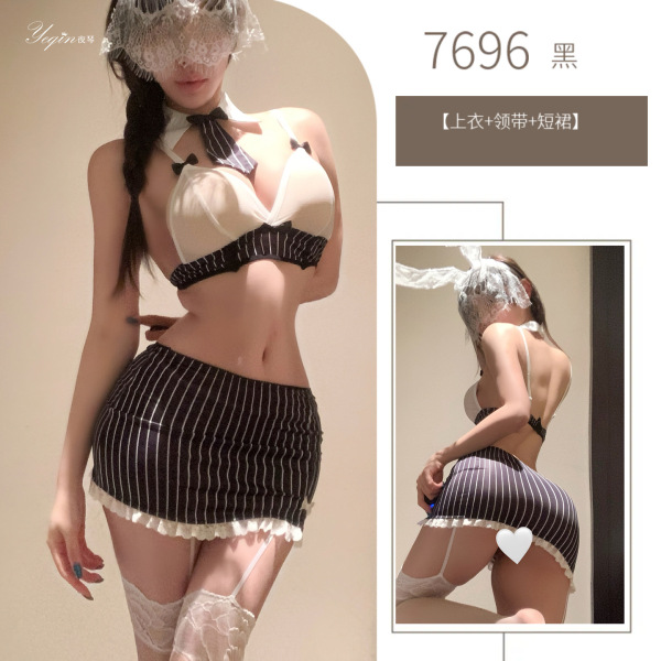 Yaqin Nu Sexy Lingerie Set - Bold OL Skirt Suit, Striped Mini Skirt & Top, No-Undress Pure Temptation Outfit - Striped suit (socks not included)