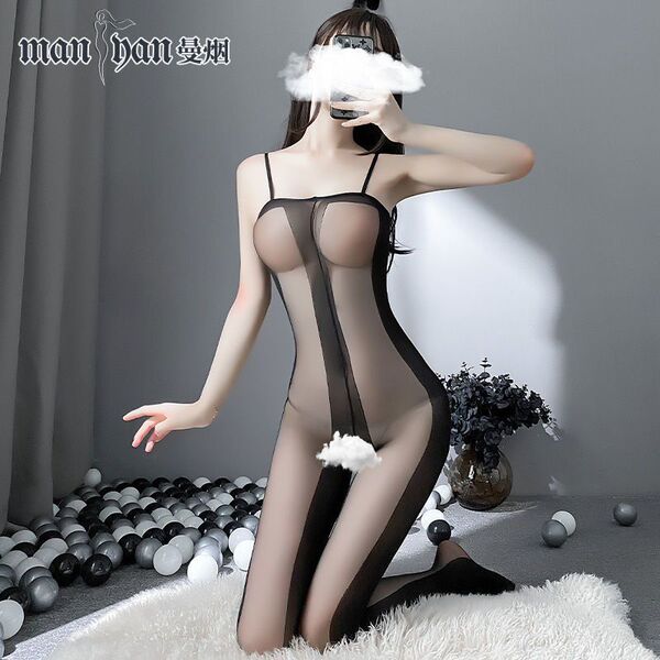 Sexy Transparent Lace Bodysuit with Black Sheer Stockings - Open-Crotch Playwear for Women - Striped teasing