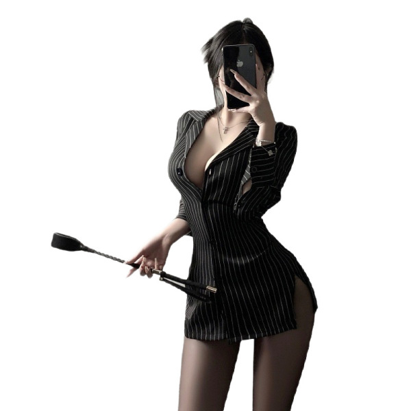 Woman in striped secretary outfit taking selfie, holding a riding crop. seductive lingerie set with no-remove shirt design fo...