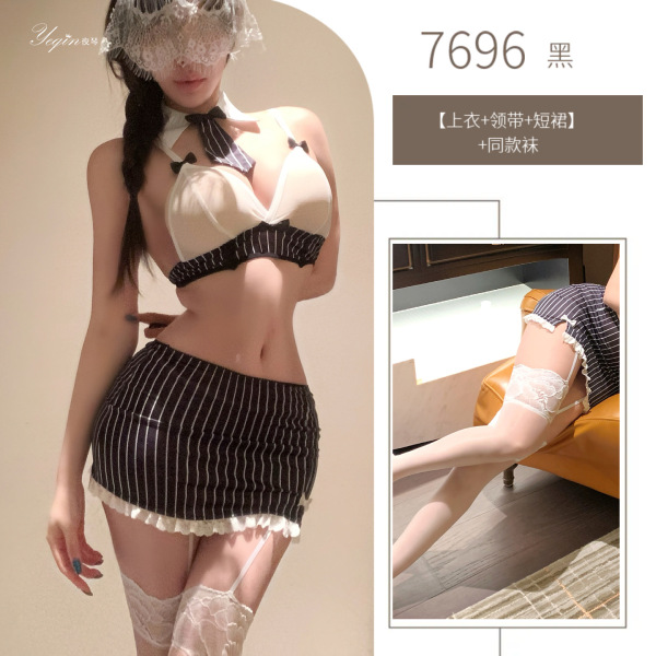 Yaqin Nu Sexy Lingerie Set - Bold OL Skirt Suit, Striped Mini Skirt & Top, No-Undress Pure Temptation Outfit - Striped suit + matching socks