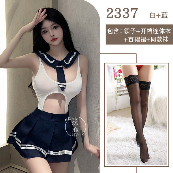 Pure & Playful College Uniform Lingerie Set – Busty-Enhancing JK Style with Sheer Lace, Roleplay Ready - School uniform + black stockings