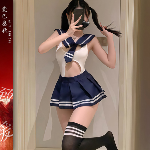 Sexy Student Uniform Lingerie Set - Plus Size JK Outfit with Detachable Sailor Top, Playful Roleplay Costume - Two-piece school uniform + black socks with white stripes