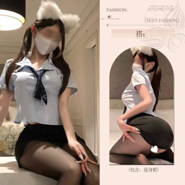 Seductive No-Remove Play Lingerie Set - Modest Yet Sexy Student-Themed Sleepwear & Roleplay Outfit - Student [shirt + skirt + tie + white stockings]