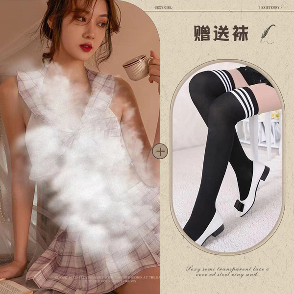 Qingran Sexy Plaid JK Uniform Set - Summer Student Lingerie with Lace-Up & Cut-Out Details - Picture set + black and white striped school socks