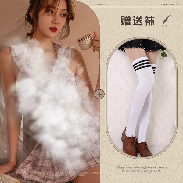 Qingran Sexy Plaid JK Uniform Set - Summer Student Lingerie with Lace-Up & Cut-Out Details - Picture set + white socks with black stripes for schoolgirls
