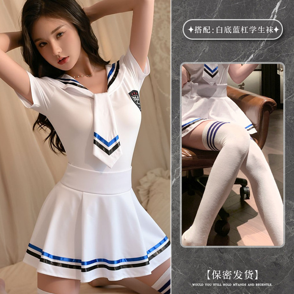 Japanese Sailor Uniform Lingerie Set - Cute Schoolgirl Roleplay Sleepwear Outfit for Women - Image style + white socks with blue stripes