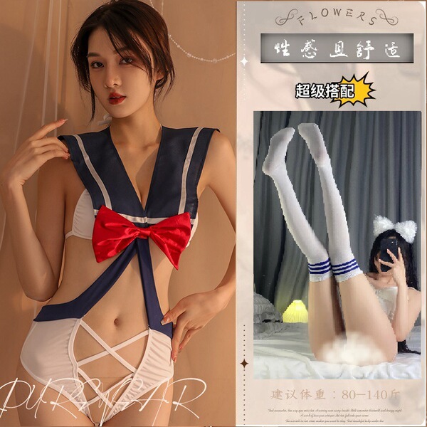 Floral Lace Sexy Bodysuit - Sailor Style Cut-Out Costume for Role Play & Intimate Wear - Image color + white school socks