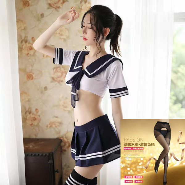 Sexy Maid Costume for Women - Short Skirt Sailor JK Student Style Lingerie Set, Provocative Outfit for Role Play - School uniform + black open-crotch socks