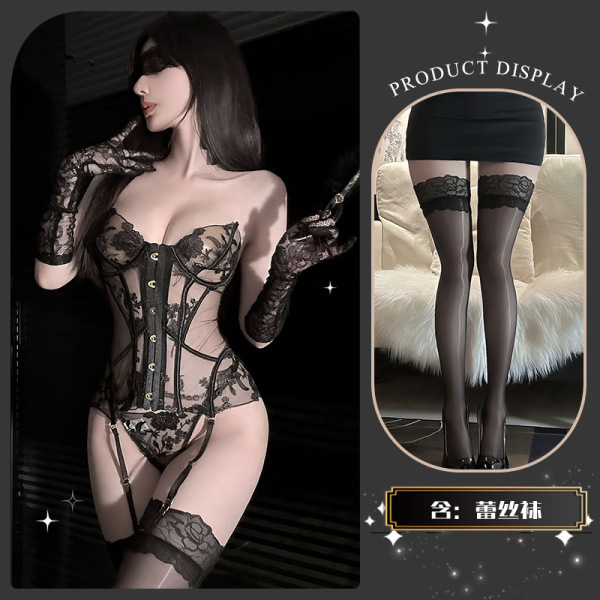 Chaomu Embroidered Lingerie Set – Pure & Sensual Shaping Bodysuit with Strappy Detail, Tempting Modest Elegance - Slimming Bones + Matching Stockings + Blindfold + Gloves + Bell