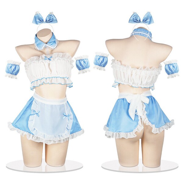 New Year Warm Bed Naughty Maid Lingerie Set - Seductive Strapless Thong Outfit, Sexy Costume by Lianyungang Manufacturer - Blue + SW02 White