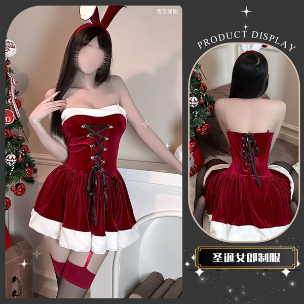 Chao Mu Christmas Lingerie Set - Sexy Petite Bra & Thong Outfit, Pure-Yet-Sensual Holiday Costume for Women - suspender Christmas dress + matching stockings