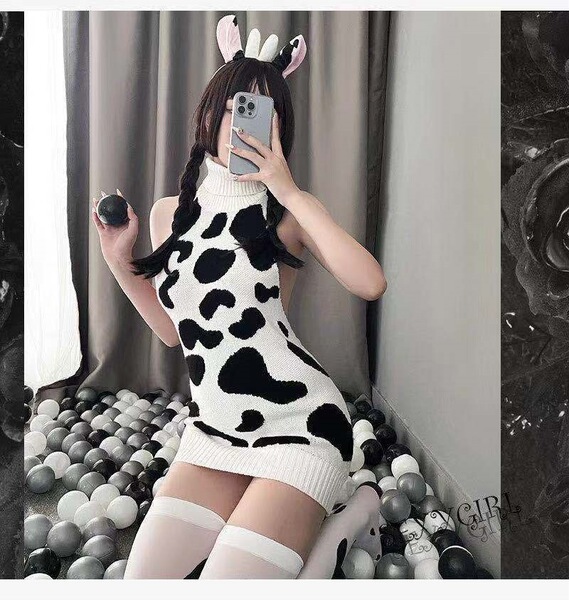 Japanese Style Cow Print Bra Set with Sweet Floral Lace & Long Sleeve High Neck Backless Sweater Dress - Sweater + socks (headband not included)