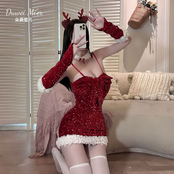 Dowemier Sexy Christmas Lingerie Set – Velvet & Sequin Pure-Elegance New Year Outfit for Women - Sweet and alluring Christmas look ◆ Sequined Red [Includes: Dress + Arm sleeves + Headband + Neck ring]