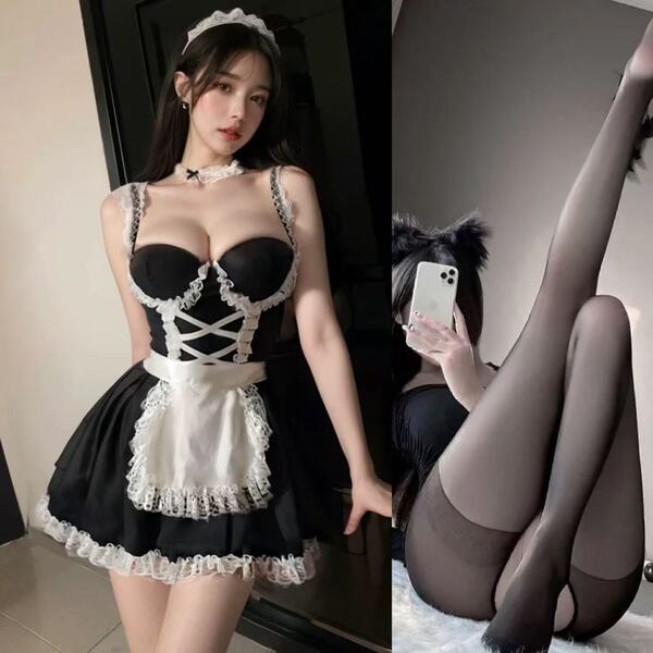 Sexy Maid Costume Set for Women - Lace Push-Up Busty Corset Outfit with Steel Boning & Cute French Maid Style - Sweet maid + black open-crotch stockings