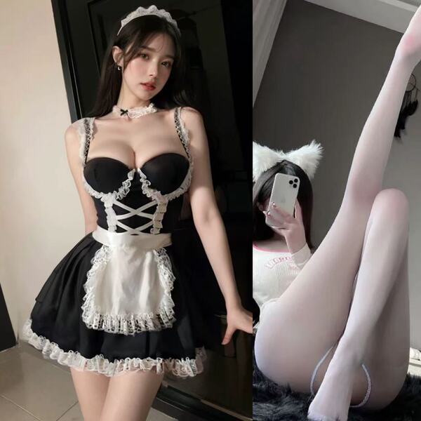 Sexy Maid Costume Set for Women - Lace Push-Up Busty Corset Outfit with Steel Boning & Cute French Maid Style - Sweet maid + white open-crotch stockings