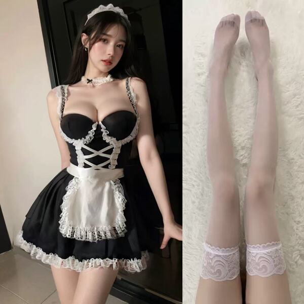 Sexy Maid Costume Set for Women – Lace Push-Up Corset with Steel Boning, Cute & Alluring Cosplay Outfit - Sweet maid + white lace stockings