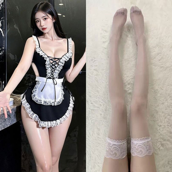 Pure & Seductive Maid Costume - Lace Sexy Role Play Sleep Dress with Detachable Apron & Headband - Sweet and alluring cute maid outfit [four-piece set] + white lace stockings