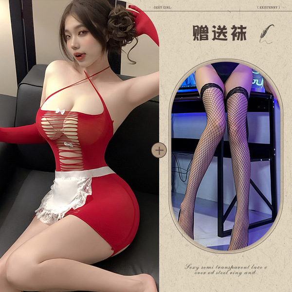 Sexy Maid Costume Set - Sheer & Seductive Qipao Lingerie with Peekaboo Butt Design, No-Remove Temptation Outfit - Charming Maid ◆ Red and Black Fishnet Stockings